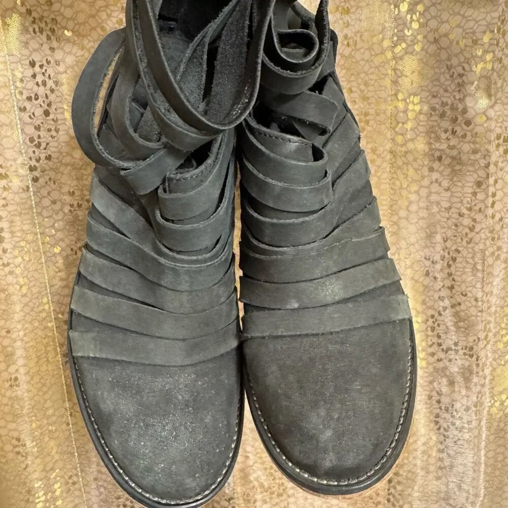 Free People Boho Hybrid Strappy Leather Women’s Ankle Bootie in Black EU37/6.5-7